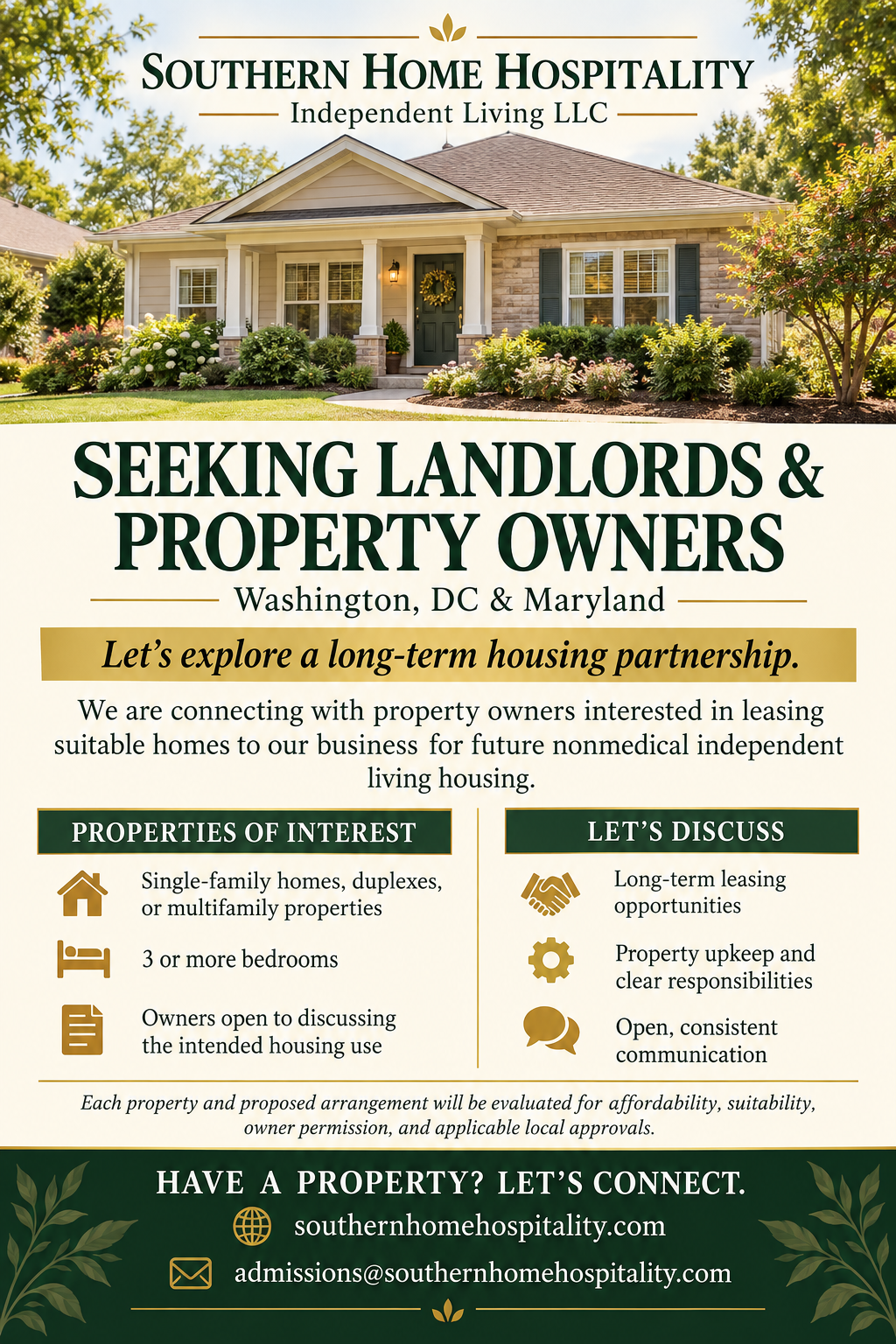 Southern Home Hospitality property owner partnership flyer for Washington, DC and Maryland